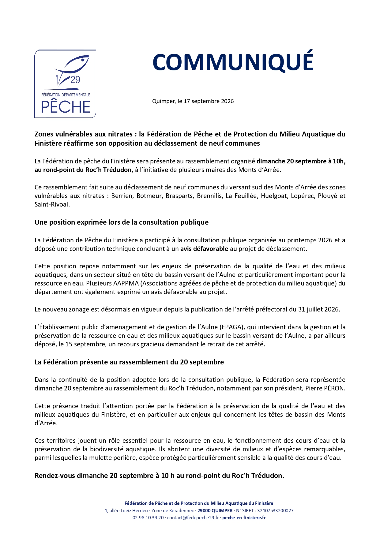 Communiqué Déclassement communes Monts d'Arrée 20 septembre 2026